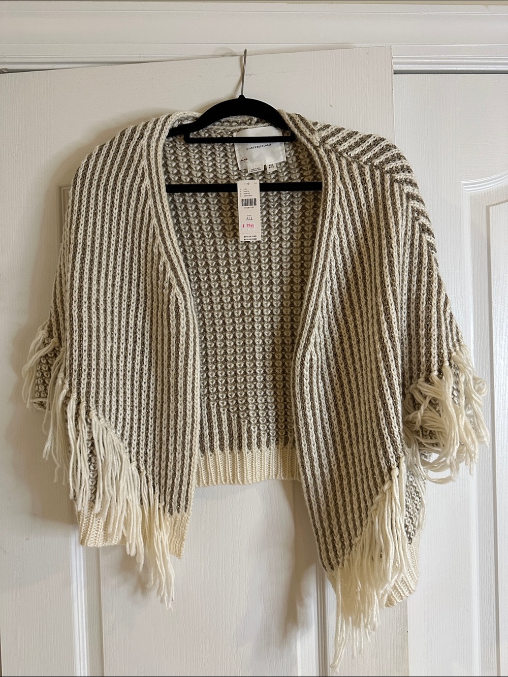 Anthropologie Cream and Taupe Striped Fringe Knit Poncho